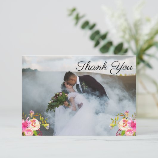 Blooms Waterverf 3 foto bruiloft dank u Bedankkaart (Staand voorkant)