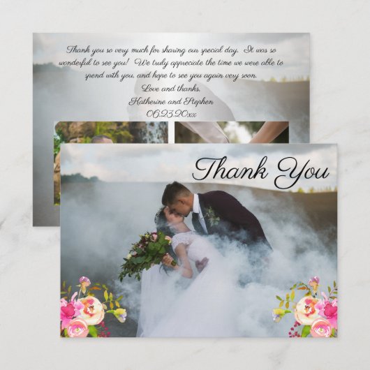 Blooms Waterverf 3 foto bruiloft dank u Bedankkaart (Voorkant / Achterkant)