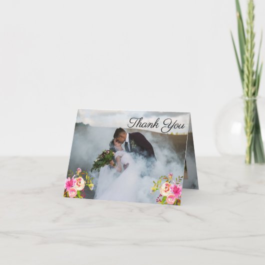 Blooms Waterverf 3 foto bruiloft dank u Bedankkaart (Voorkant)