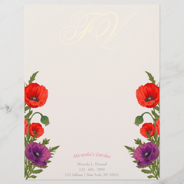 Bloomy Poppy Monogram Floral Business Letterhead Briefhoofd (Voorkant)