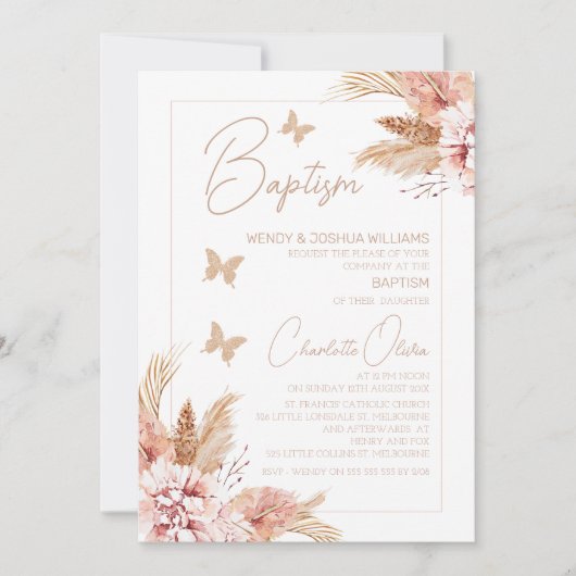 Bloos Boho Bloem Vlinders Doopfeest  Kaart (Voorkant)