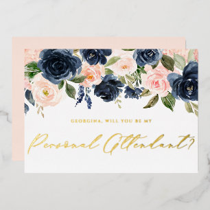 Bloos en Navy Bloemen Wees Mijn Persoonlijke Assis Folie Uitnodiging