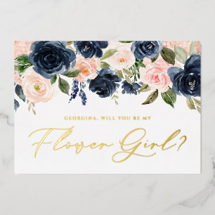 Bloos en Navy Bloemen Word Mijn Bloemenmeisje Folie Uitnodiging