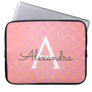 Bloos het Roze en Gouden Monogram van het Patroon Laptop Sleeve