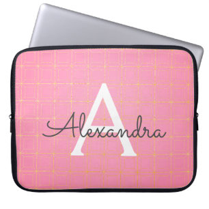 Bloos het Roze en Gouden Monogram van het Patroon Laptop Sleeve