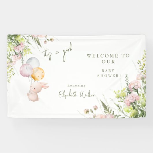 Blos Bloemen Bunny Het is een Meisje Douche Welkom Spandoek (Horizontaal)