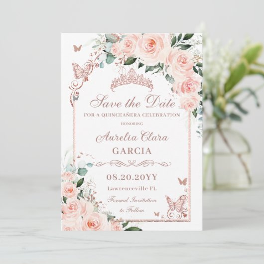 Blos Bloemen Zoet 16 Roos Goud Quinceañera Foto Save The Date (Staand voorkant)