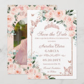 Blos Bloemen Zoet 16 Roos Goud Quinceañera Foto Save The Date (Voorkant / Achterkant)
