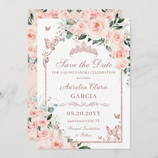 Blos Bloemen Zoet 16 Roos Goud Quinceañera Foto Save The Date (Voorkant / Achterkant)