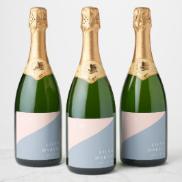 Blos Stof Blauw Moderne Elegante Monogram Huwelijk Sparkling Wijnetiket