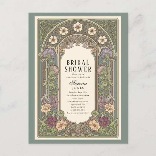 Blossom Art Nouveau Sage Vrijgezellenfeest Uitnodiging Briefkaart (Voorkant)