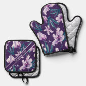 Blossom Bliss op Donker Paarse Ovenwant & Pannenlap Set (Voorkant / Achterkant)