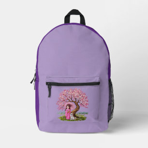 Blossom Dreams: Kimono Meisje & Puppy Bedrukte Rugzak