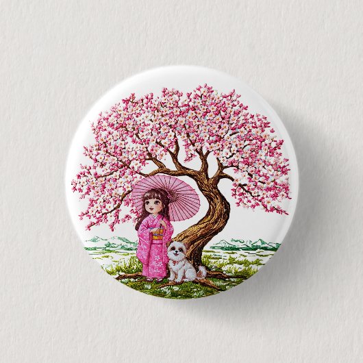 Blossom Dreams: Kimono Meisje & Puppy Ronde Button 3,2 Cm (Voorkant)