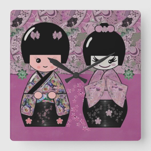 Blossom Kokeshi Vierkante Klok (Voorkant)