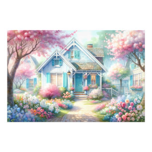 Blossom Lane Blauwe Cottage Tuin Foto Afdruk
