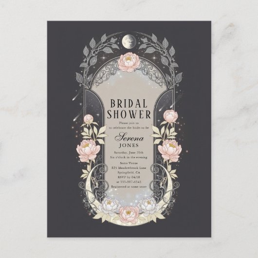 Blossom Moon Celestial Art Nouveau Bridal Shower Uitnodiging Briefkaart (Voorkant)