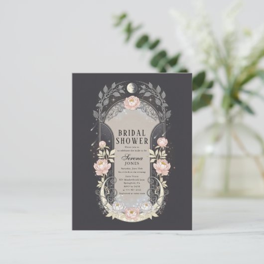 Blossom Moon Celestial Art Nouveau Bridal Shower Uitnodiging Briefkaart (Staand voorkant)