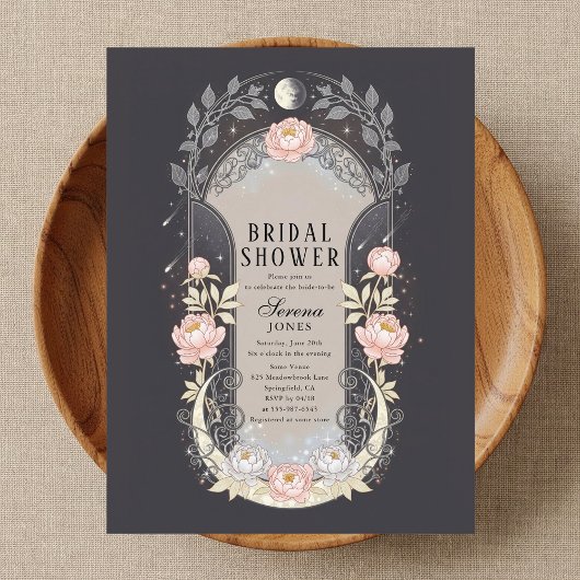 Blossom Moon Celestial Art Nouveau Bridal Shower Uitnodiging Briefkaart