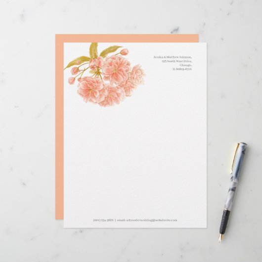 Blossom perzik olijfgroen wit waterverf briefhoofd (Voorkant / Achterkant in situ)