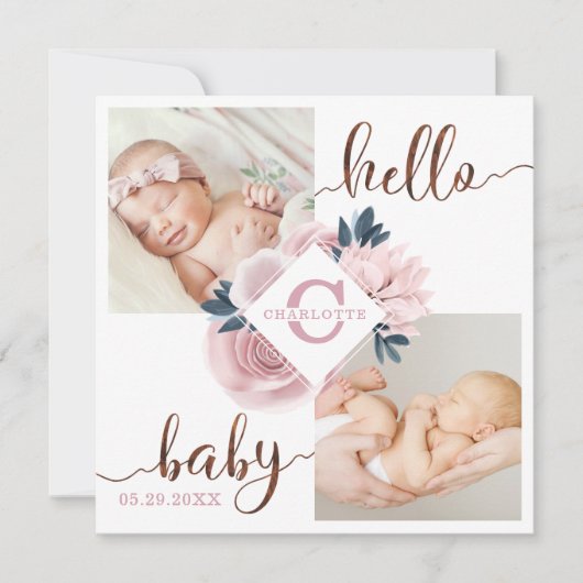 Blossom Pink Rose Floral Birth Announcement Kaart (Voorkant)
