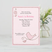 Blossom Polka Dot Pink Bird Birthday Uitnodiging (Staand voorkant)