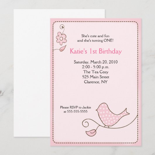 Blossom Polka Dot Pink Bird Birthday Uitnodiging (Voorkant / Achterkant)