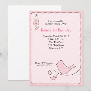 Blossom Polka Dot Pink Bird Birthday Uitnodiging