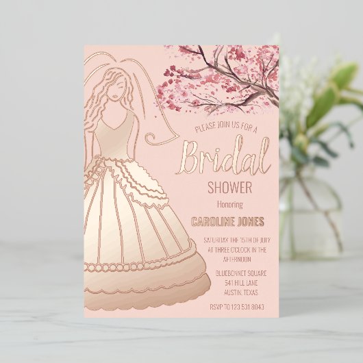 Blossom Roos Goudfolie Bloemenjurk Vrijgezellenfee Folie Uitnodiging (Staand Voorkant)