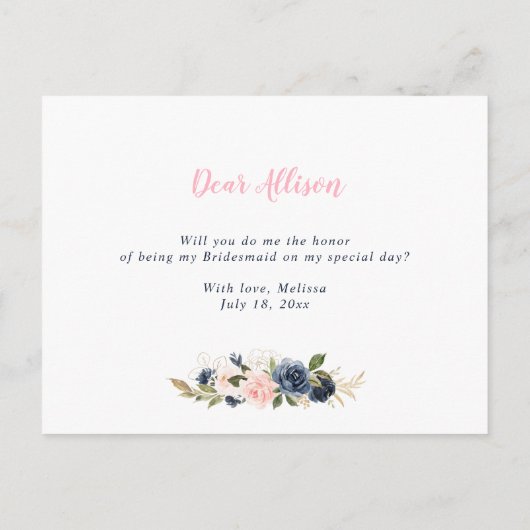 Blossom-roze van de marine zal je mijn Bridesmaid- Uitnodiging Briefkaart (Achterkant)