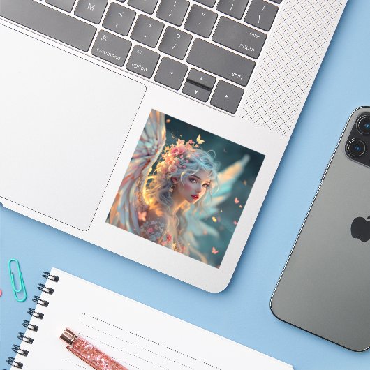 Blossom Seraph – Engel van de Lente Genade Sticker (Laptop met iPhone)
