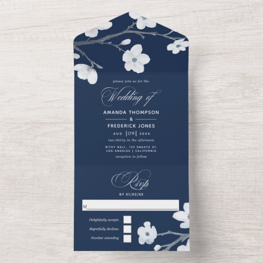 Blossom van Navy Blue en White Cherry Weddenschap All In One Uitnodiging (Binnen)