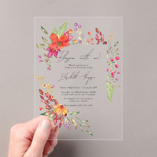 Blossom with Me Wildflower Afstudeerfeest Acryl Uitnodigingen (Insitu (Draagbaar))