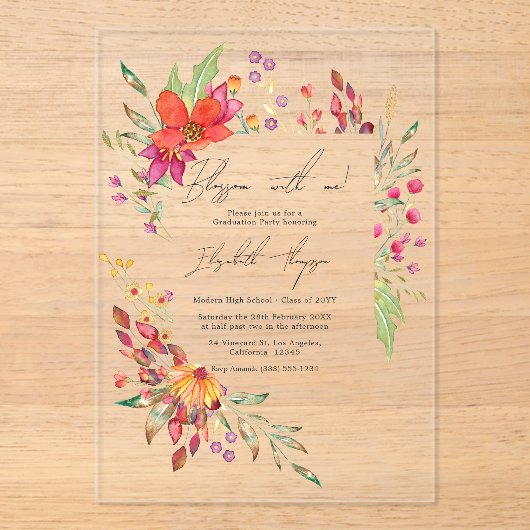 Blossom with Me Wildflower Afstudeerfeest Acryl Uitnodigingen (Voorkant)