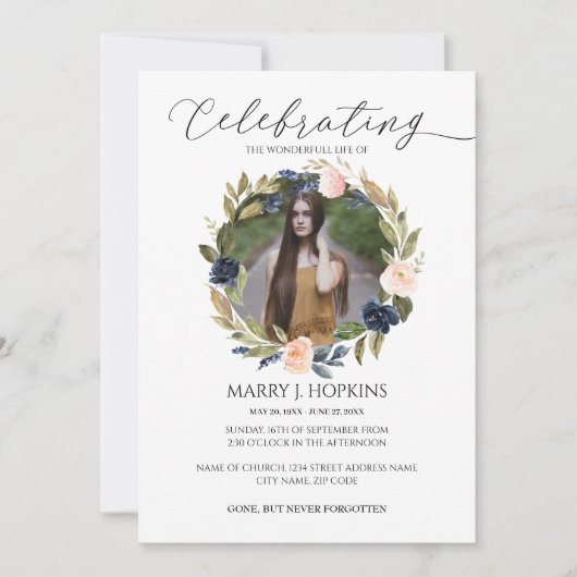 Blossom Wreath Photo Celebration of Life Kaart (Voorkant)