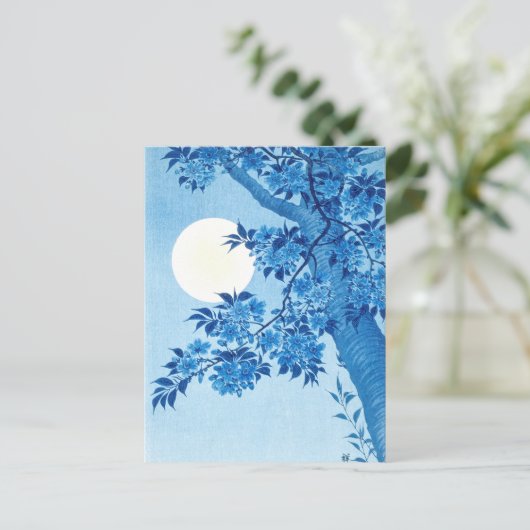 Blossombere Cherry Moonlit Night Ohara Koson Blue Briefkaart (Staand voorkant)