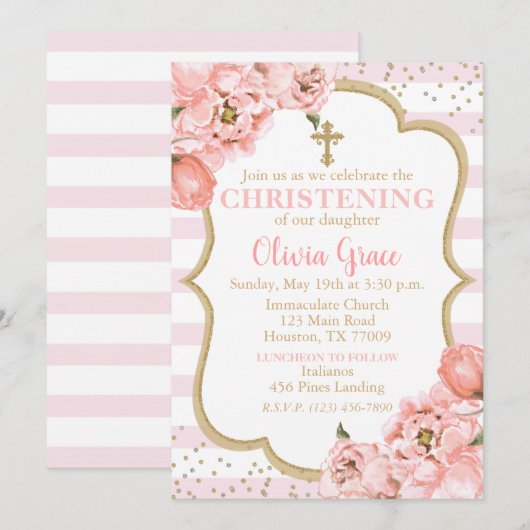 Blossombere volken Roze Blush & Gold Christening Kaart (Voorkant / Achterkant)
