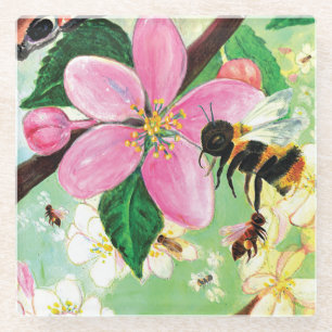 Blossomboom met bijenillustratie Trivet Glazen Onderzetter