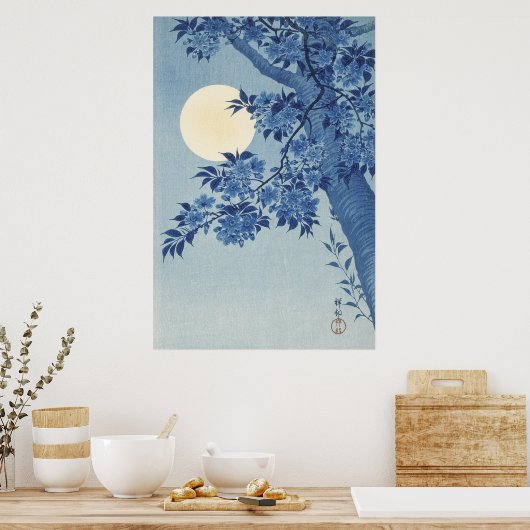 Blossomde Cherry op een Moonlit Night Poster (Keuken)