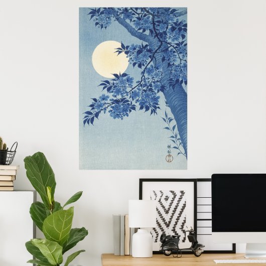 Blossomde Cherry op een Moonlit Night Poster (Thuiskantoor)