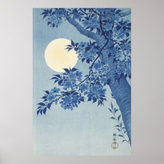 Blossomde Cherry op een Moonlit Night Poster