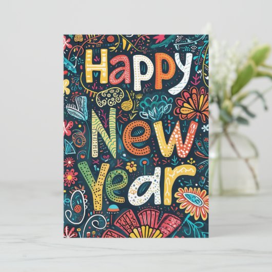 Blossoming Beginnings - een handgetekende nieuwjaa Feestdagenkaart (Staand voorkant)