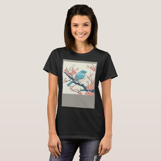 Blossoming Bluebird on Sakura Branch  Floral Fligh T-shirt (Voorkant volledig)