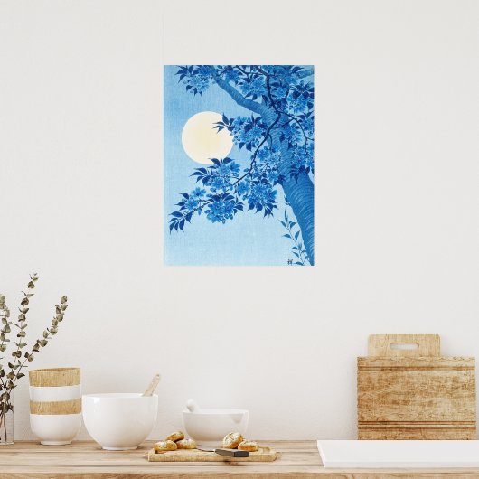 Blossoming Cherry Moonlit Night Ohara Koson Blue18 Poster (Keuken)