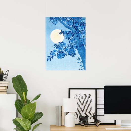 Blossoming Cherry Moonlit Night Ohara Koson Blue18 Poster (Thuiskantoor)