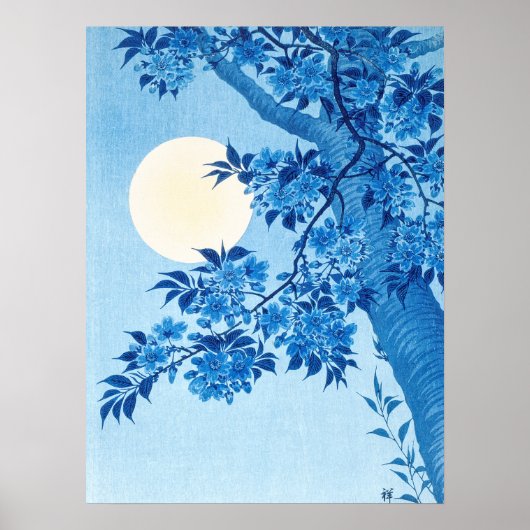 Blossoming Cherry Moonlit Night Ohara Koson Blue18 Poster (Voorkant)