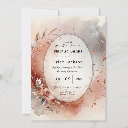 Blozen bloemblaadjes en zilveren wervelingen bruil kaart (Voorkant)