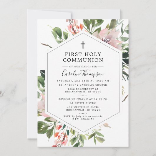 Blozen Bloemen Groen Waterverf Eerste Communie Kaart (Voorkant)