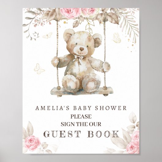 Blozen Bloemen Teddybeer Baby shower Gastboek Poster (Voorkant)