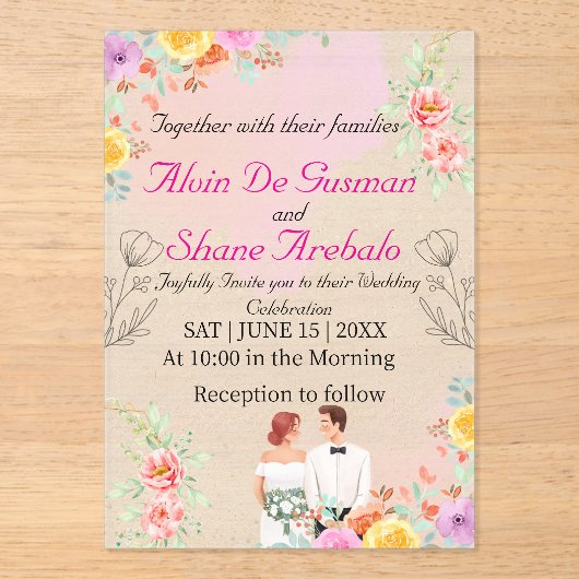 Blozen Elegantie: Acryl bruiloft uitnodiging (Voorkant)